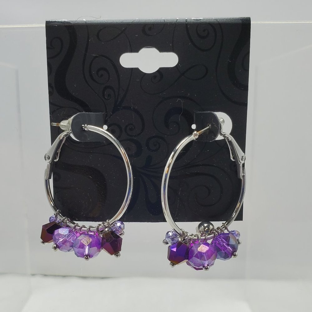 crystal glass beaded cluster hoop earring Amethyst & silver